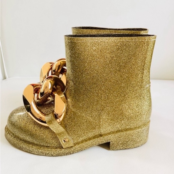 J.W. Anderson Gold Glitter Chain Rubber Rain Booties SZ 6.5 /36.5 - Picture 2 of 10